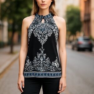 White House Black Market Sleeveless Top Ornate Baroque Print Womens M